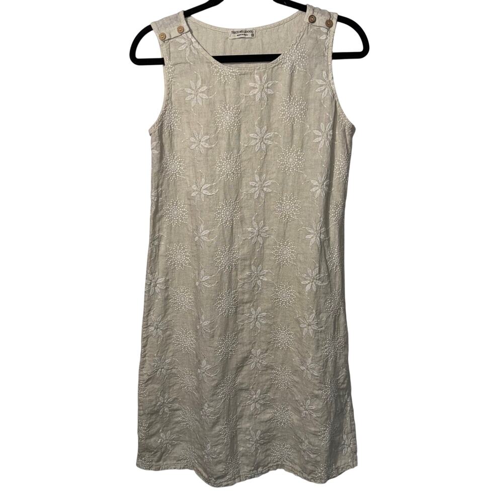 TERZO MILLENNIO Embroidered Linen Dress S Small Made In Italy Floral Shift Cream